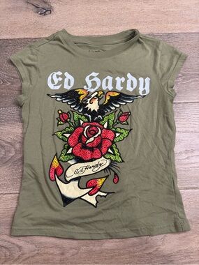 Ed Hardy Olive Tee with Red Rose and Black Eagle Graphic